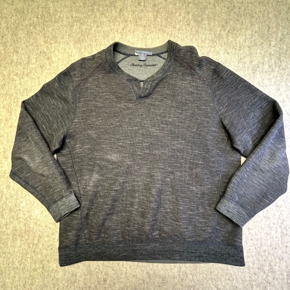 Tommy Bahama Mens Flipview Gray Ribbed‎ Henley Style Long Sleeve Shirt Size L